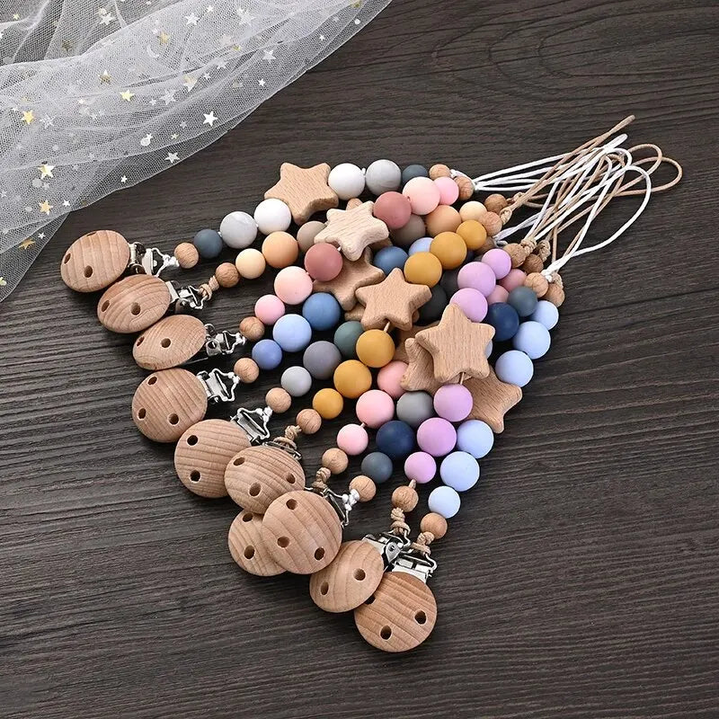 Wood & Silicone Pacifier Chain Clips