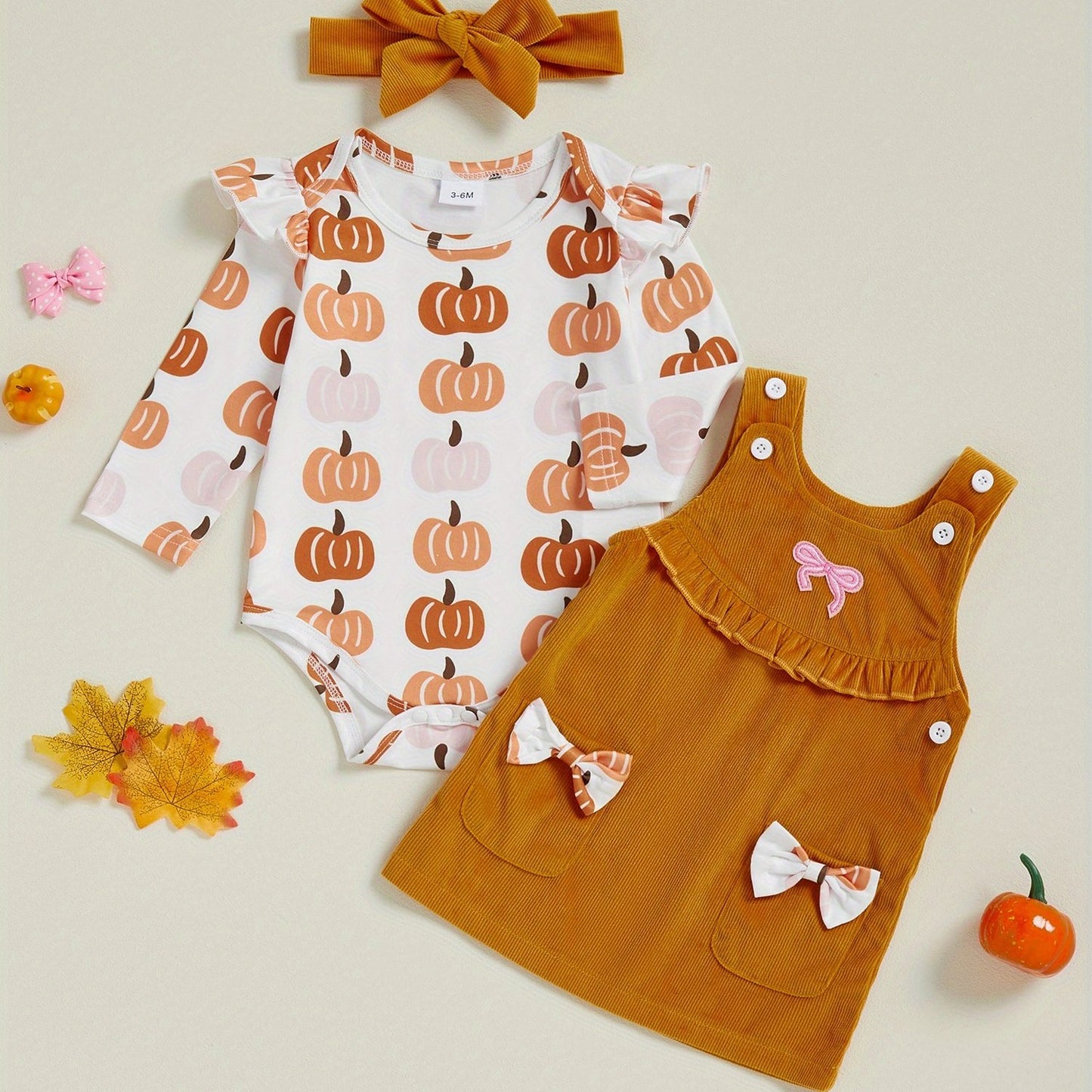 Baby Girl's 3pcs Pumpkin Patch Print Long-Sleeve Jumpsuit with Corduroy Vest Dress & Bow Headband