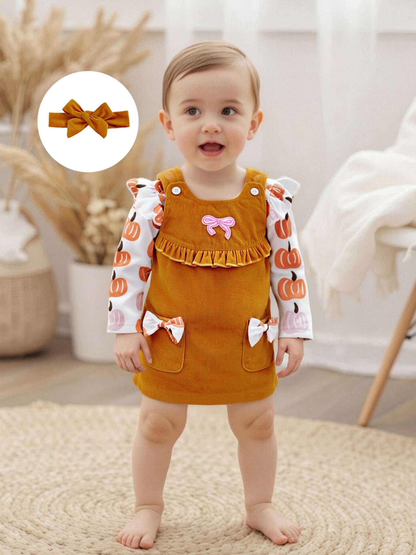 Baby Girl's 3pcs Pumpkin Patch Print Long-Sleeve Jumpsuit with Corduroy Vest Dress & Bow Headband
