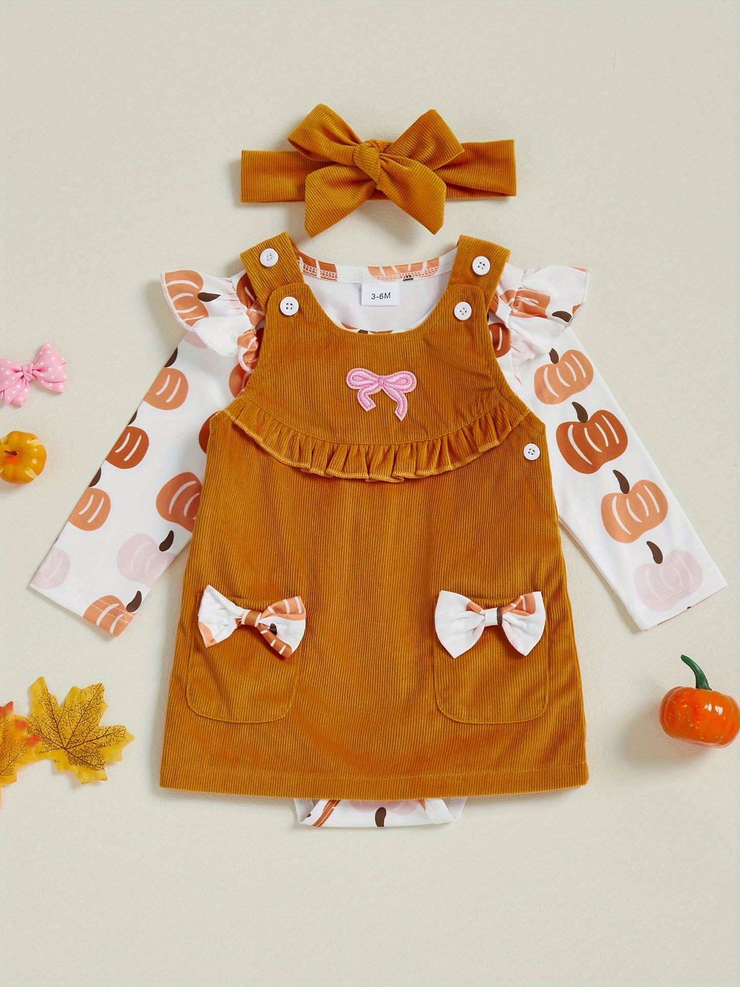 Baby Girl's 3pcs Pumpkin Patch Print Long-Sleeve Jumpsuit with Corduroy Vest Dress & Bow Headband