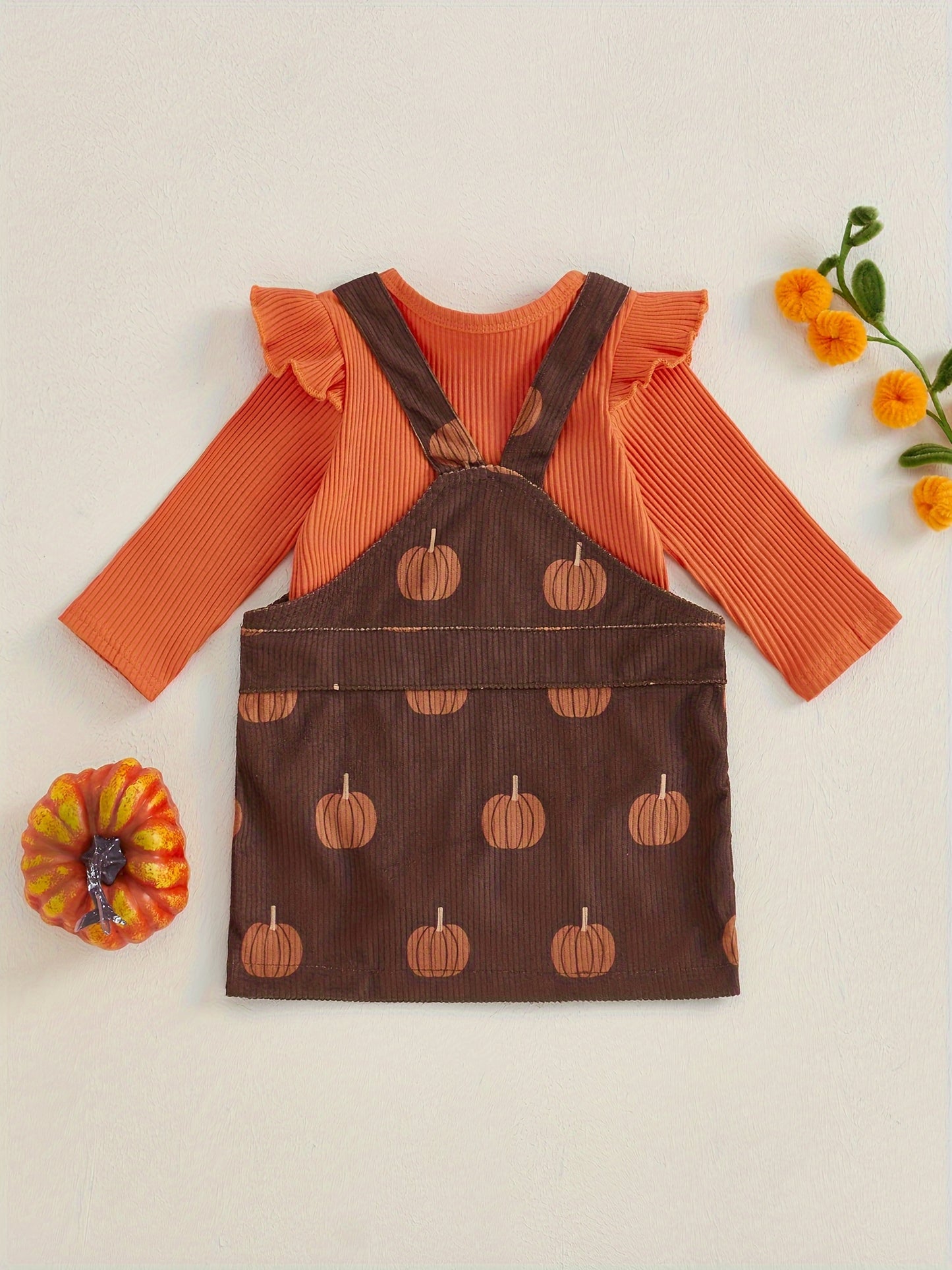 2pcs Pumpkin Baby Girl Romper And Corduroy Skirt