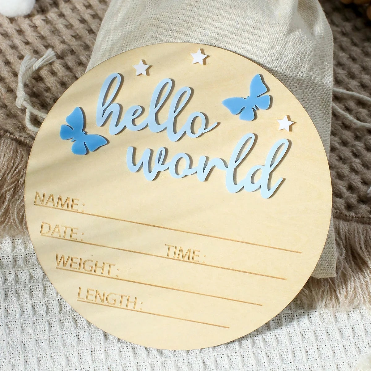 Hello World Wooden Baby Announcement Sign - Butterflies