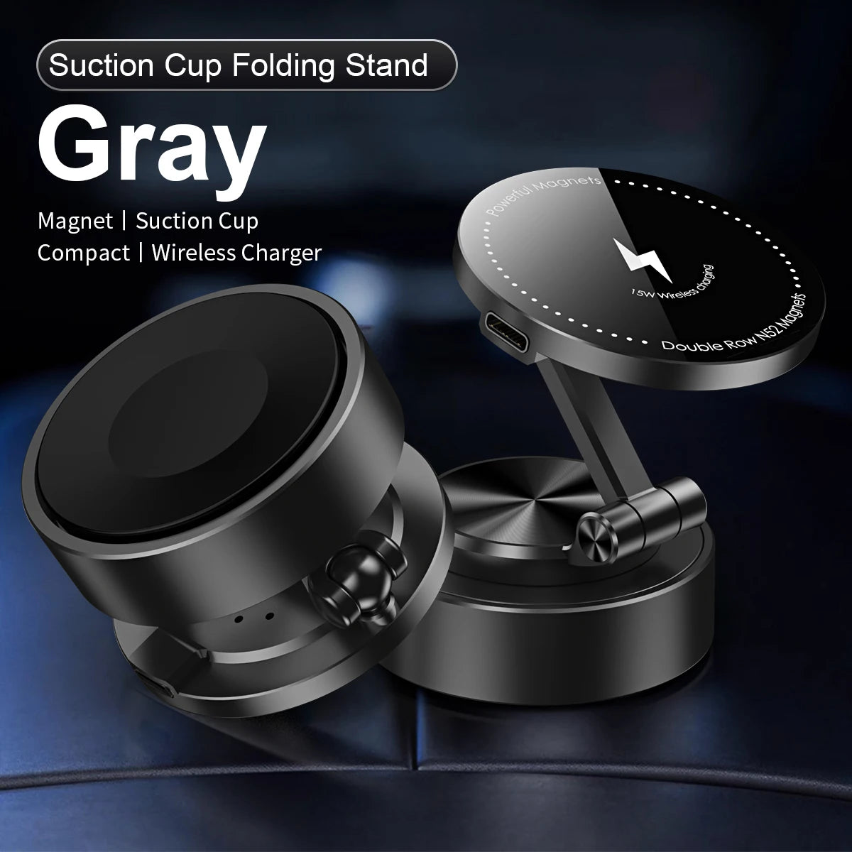 Double Sided Car Phone Holder Magnetic Vacuum with Wireless Charger 360 degree