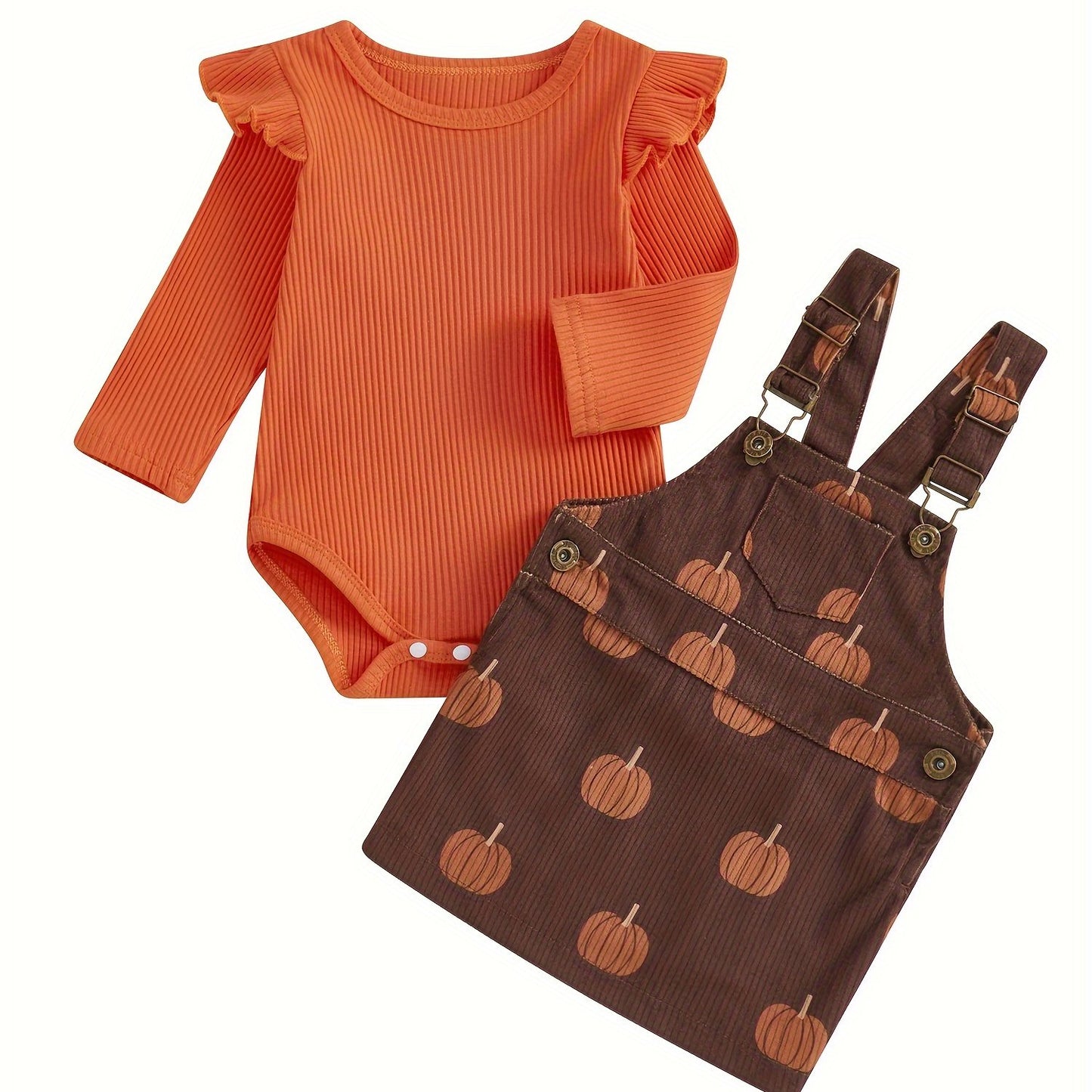 2pcs Pumpkin Baby Girl Romper And Corduroy Skirt