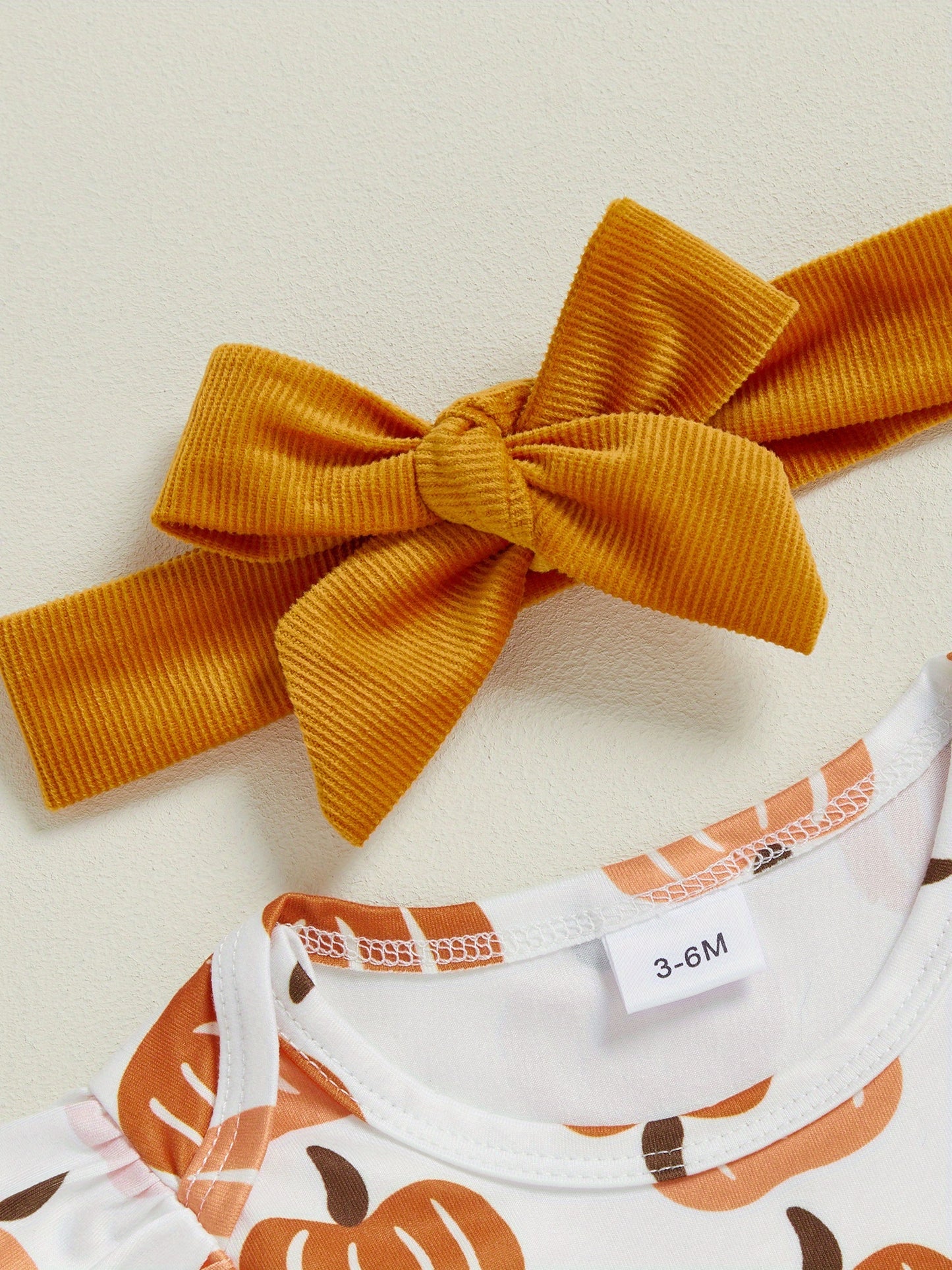 Baby Girl's 3pcs Pumpkin Patch Print Long-Sleeve Jumpsuit with Corduroy Vest Dress & Bow Headband