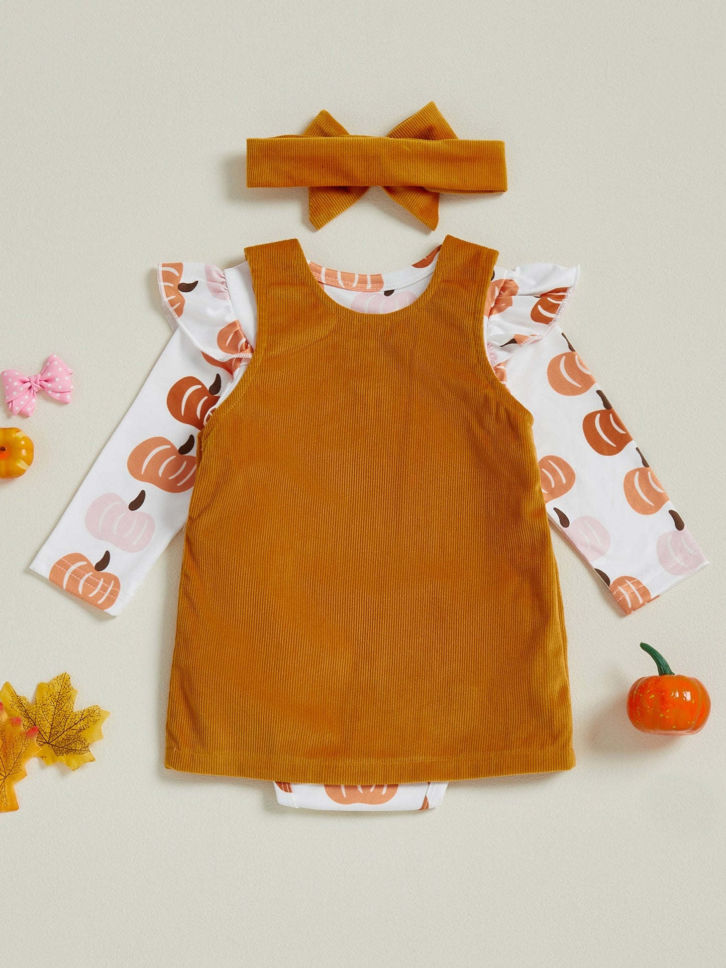 Baby Girl's 3pcs Pumpkin Patch Print Long-Sleeve Jumpsuit with Corduroy Vest Dress & Bow Headband