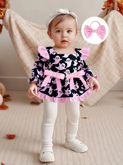 Baby Girl Halloween Romper Dress with Pumpkin & Ghost Pattern