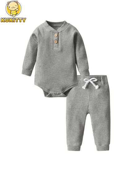 Long Sleeve Solid Color Ribbed Bodysuit And Pants Set