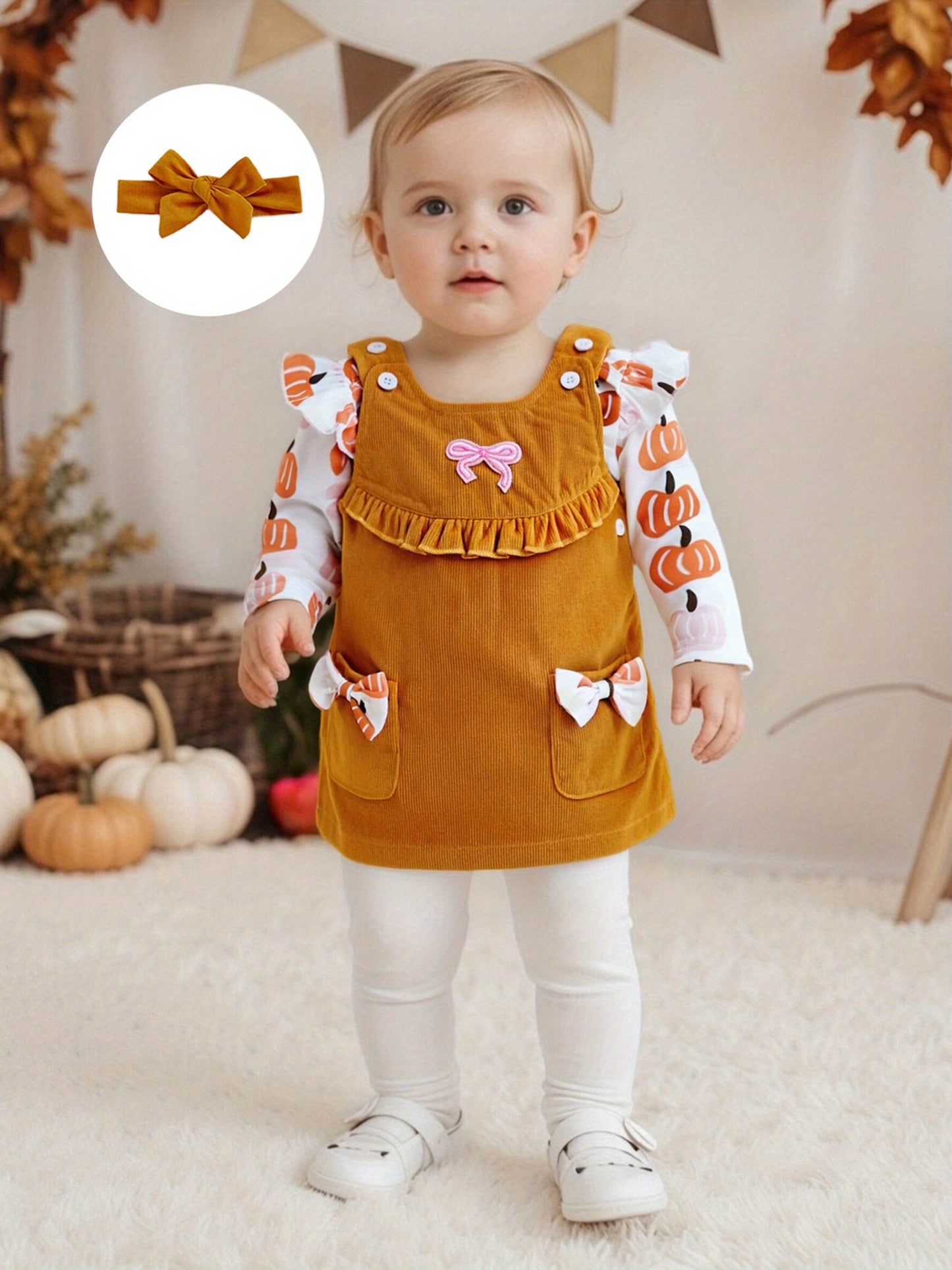 Baby Girl's 3pcs Pumpkin Patch Print Long-Sleeve Jumpsuit with Corduroy Vest Dress & Bow Headband