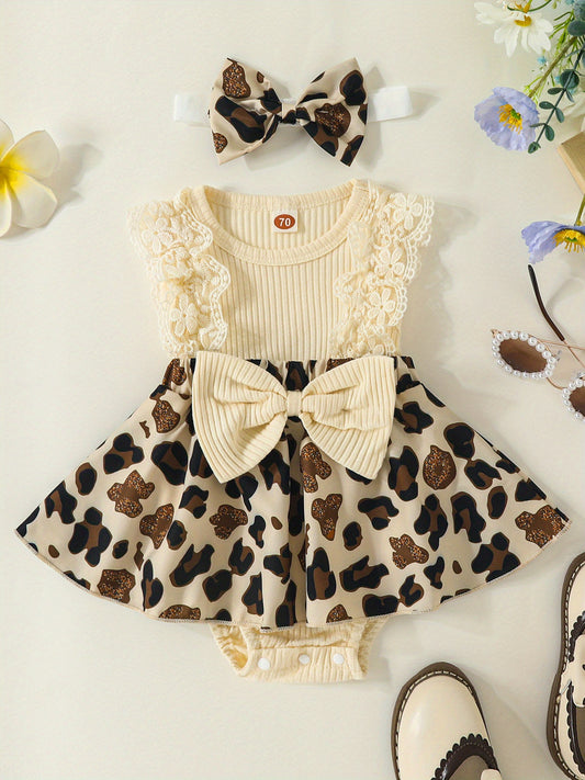 Baby Girl 2pcs Leopard Print Romper Dress with Headband