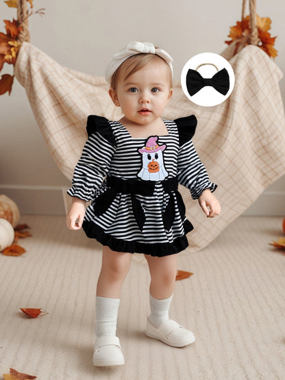 Baby Girl Halloween Romper Dress with Pumpkin & Ghost Pattern