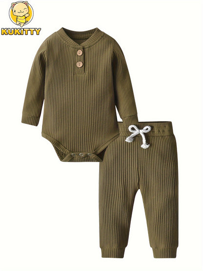 Long Sleeve Solid Color Ribbed Bodysuit And Pants Set