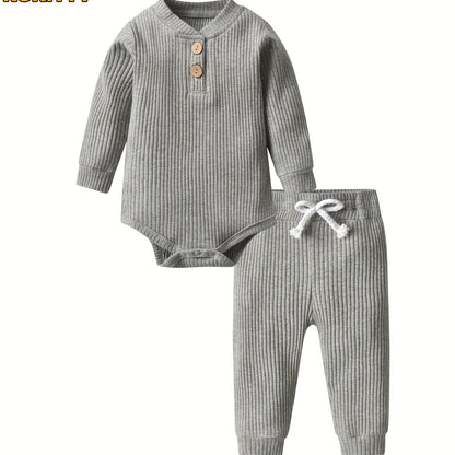 Long Sleeve Solid Color Ribbed Bodysuit And Pants Set
