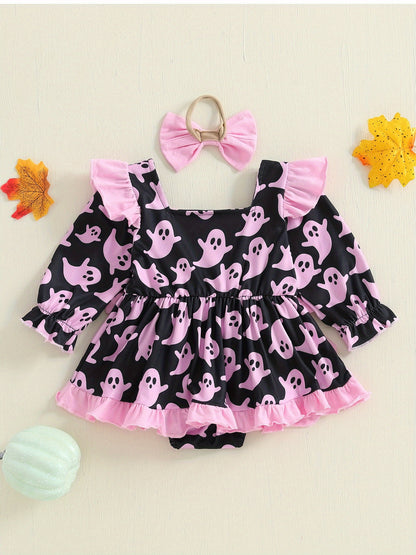 Baby Girl Halloween Romper Dress with Pumpkin & Ghost Pattern