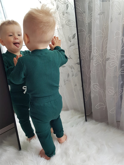 Long Sleeve Solid Color Ribbed Bodysuit And Pants Set