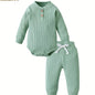 Long Sleeve Solid Color Ribbed Bodysuit And Pants Set
