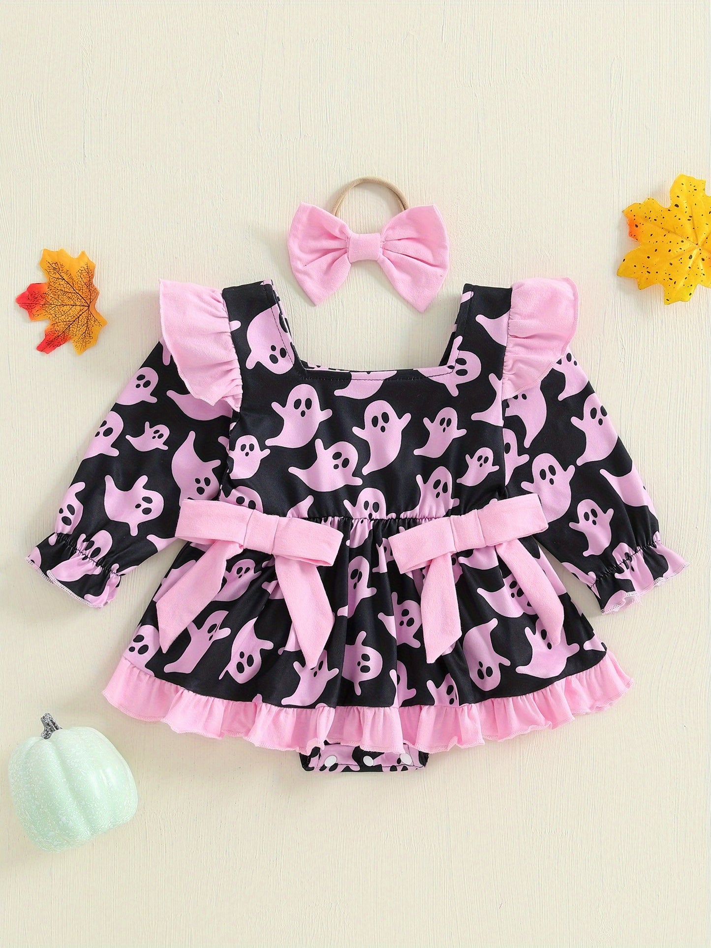 Baby Girl Halloween Romper Dress with Pumpkin & Ghost Pattern