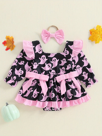 Baby Girl Halloween Romper Dress with Pumpkin & Ghost Pattern