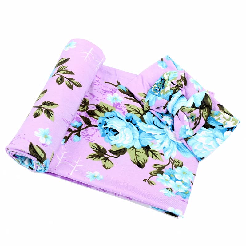 Newborn Receiving Blanket Headband Set Flower Print Baby Swaddle Blankets (Vintage)