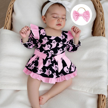 Baby Girl Halloween Romper Dress with Pumpkin & Ghost Pattern