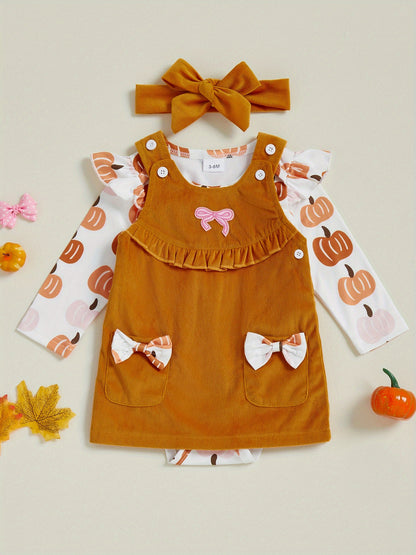 Baby Girl's 3pcs Pumpkin Patch Print Long-Sleeve Jumpsuit with Corduroy Vest Dress & Bow Headband