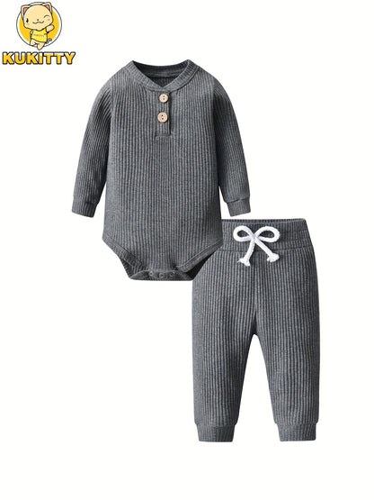 Long Sleeve Solid Color Ribbed Bodysuit And Pants Set