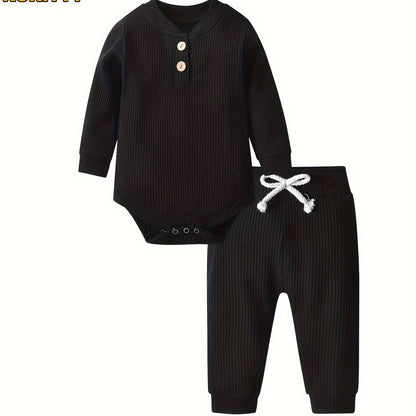 Long Sleeve Solid Color Ribbed Bodysuit And Pants Set