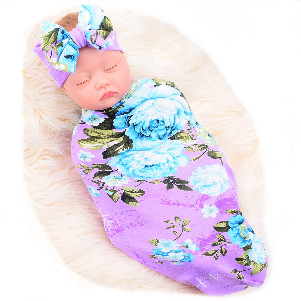 Newborn Receiving Blanket Headband Set Flower Print Baby Swaddle Blankets (Vintage)