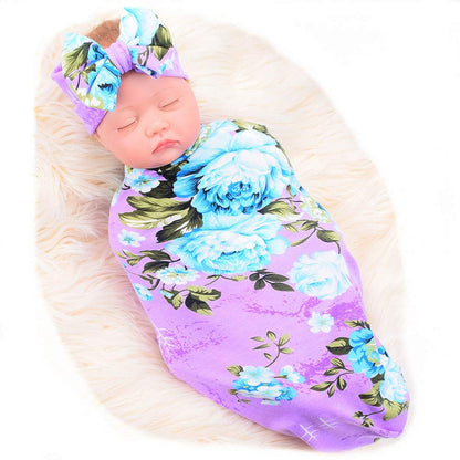 Newborn Receiving Blanket Headband Set Flower Print Baby Swaddle Blankets (Vintage)