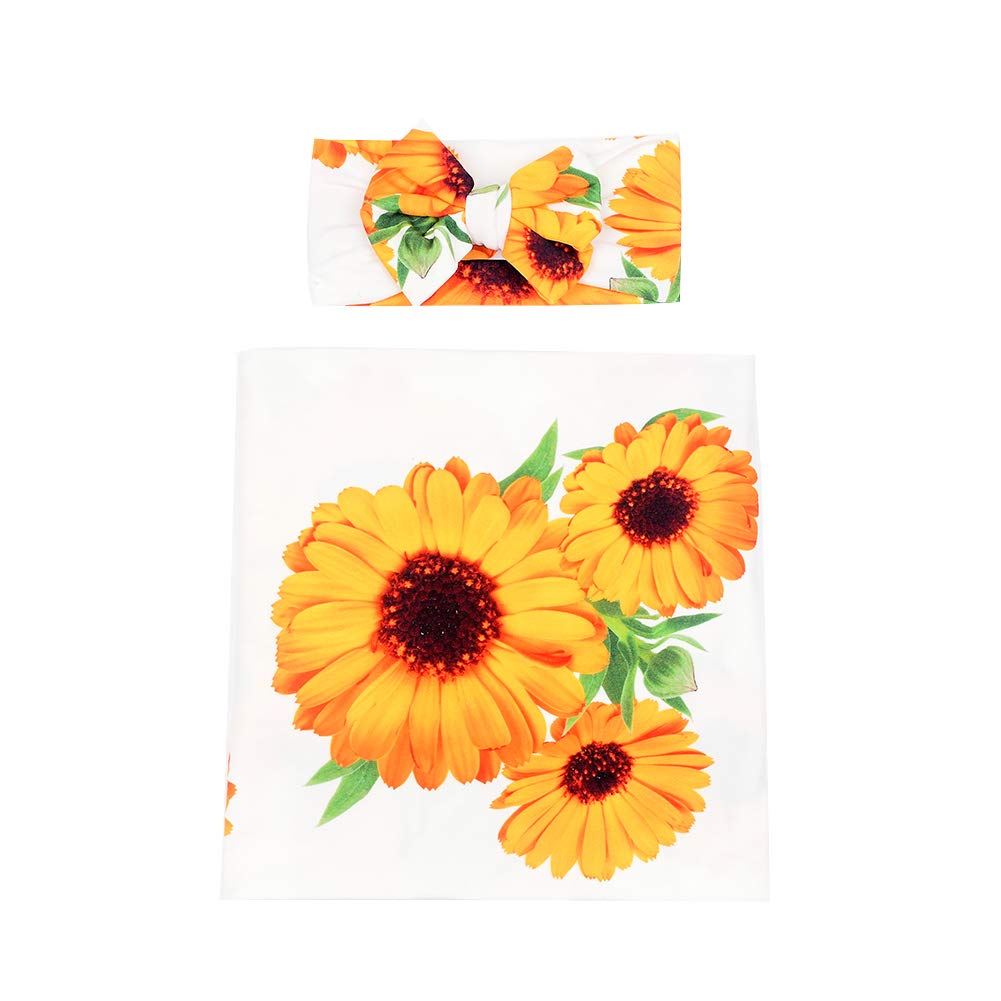 Newborn Receiving Blanket Headband Set Flower Print Baby Swaddle Blankets (Vintage)