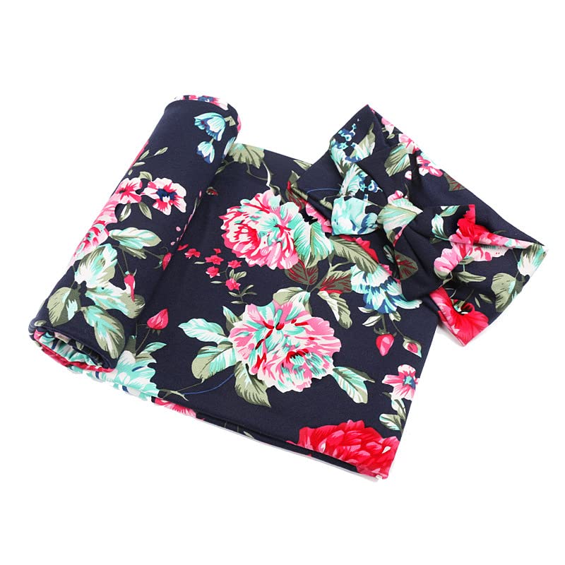 Newborn Receiving Blanket Headband Set Flower Print Baby Swaddle Blankets (Vintage)