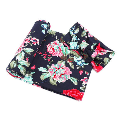 Newborn Receiving Blanket Headband Set Flower Print Baby Swaddle Blankets (Vintage)
