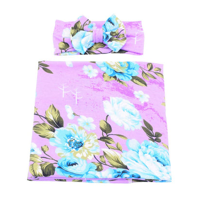 Newborn Receiving Blanket Headband Set Flower Print Baby Swaddle Blankets (Vintage)