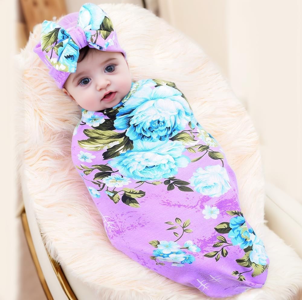 Newborn Receiving Blanket Headband Set Flower Print Baby Swaddle Blankets (Vintage)