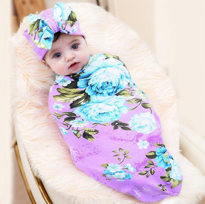 Newborn Receiving Blanket Headband Set Flower Print Baby Swaddle Blankets (Vintage)