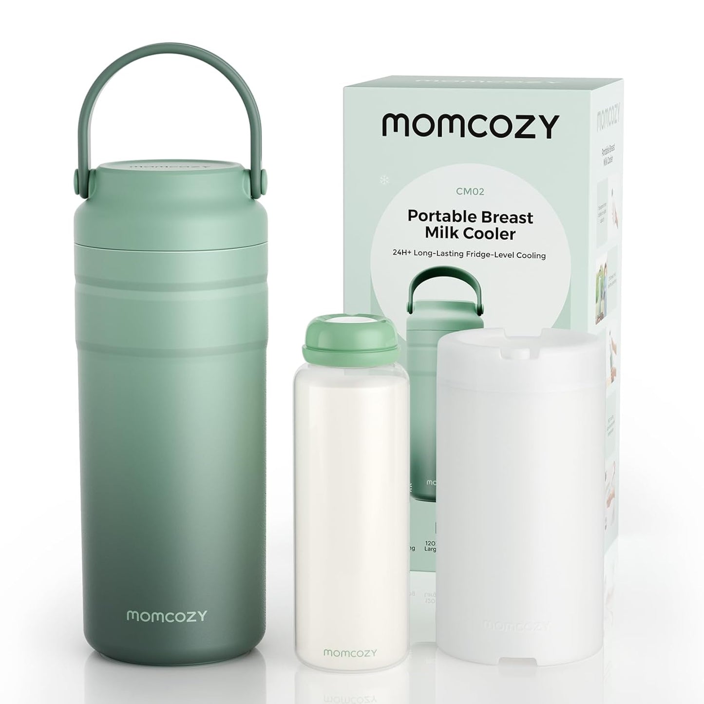 Momcozy 22oz Portable Breast Milk Cooler for Outdoor, Life Saver with 360° Total Cooling for 24 Hours, Larger Capacity Travel Breastmilk Chiller with 2pcs Baby Bottles for Breastmilk Storage, Green