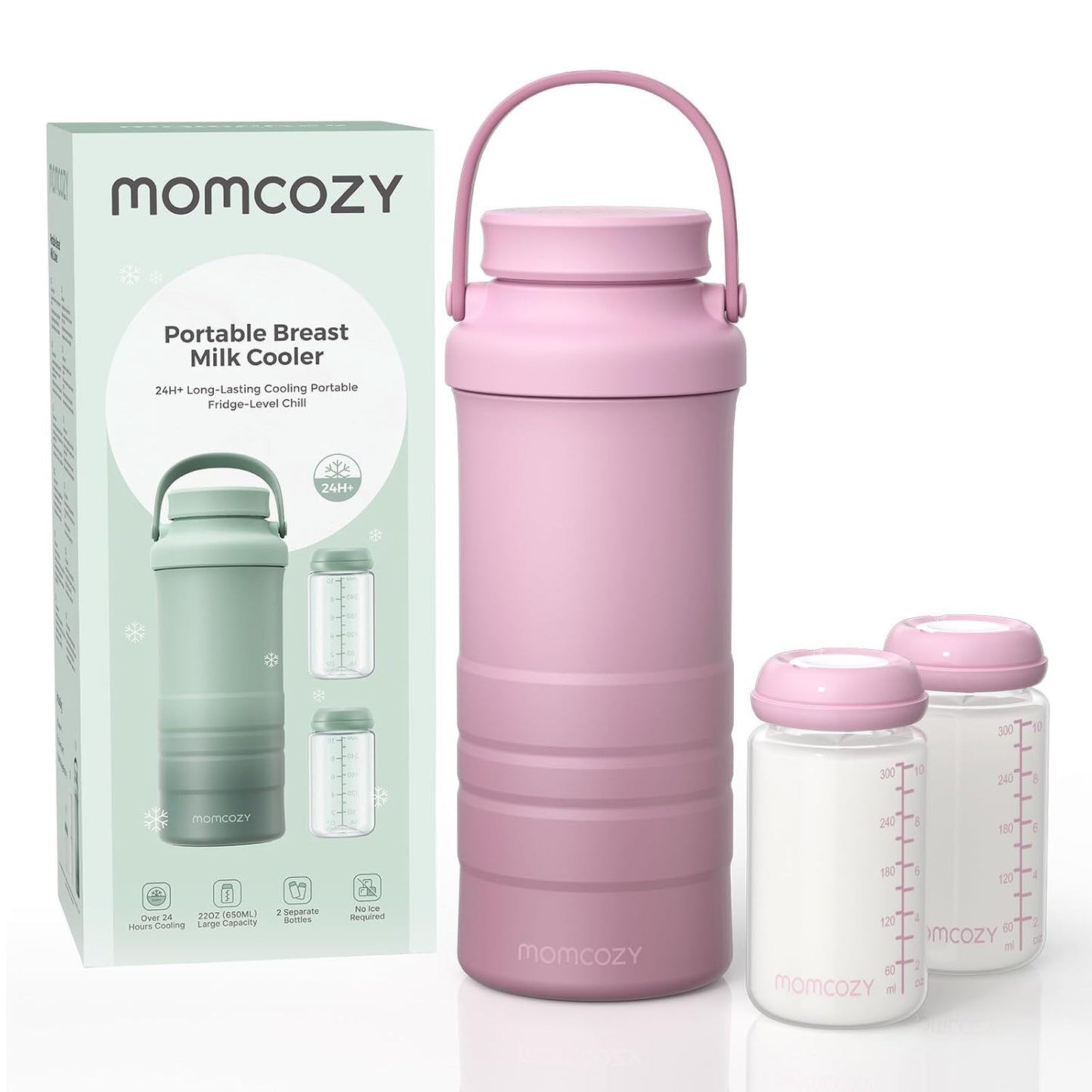Momcozy 22oz Portable Breast Milk Cooler for Outdoor, Life Saver with 360° Total Cooling for 24 Hours, Larger Capacity Travel Breastmilk Chiller with 2pcs Baby Bottles for Breastmilk Storage, Green
