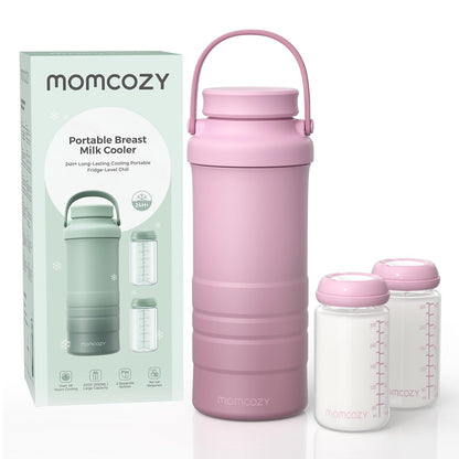 Momcozy 22oz Portable Breast Milk Cooler for Outdoor, Life Saver with 360° Total Cooling for 24 Hours, Larger Capacity Travel Breastmilk Chiller with 2pcs Baby Bottles for Breastmilk Storage, Green