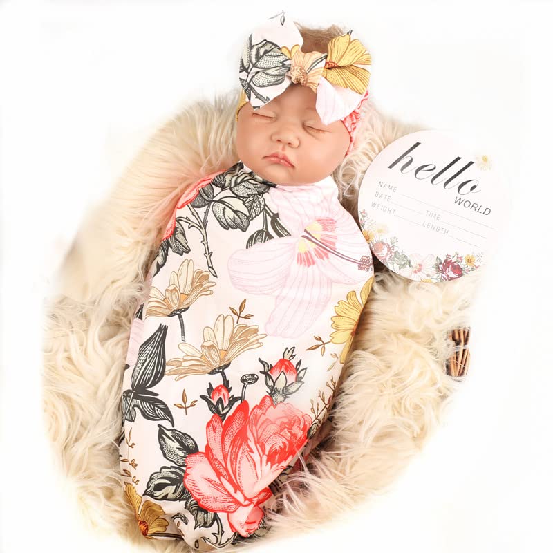 Newborn Receiving Blanket Headband Set Flower Print Baby Swaddle Blankets (Vintage)