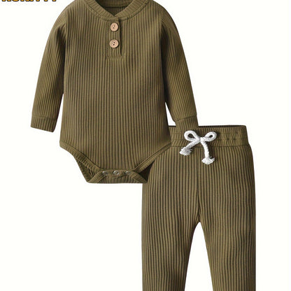 Long Sleeve Solid Color Ribbed Bodysuit And Pants Set