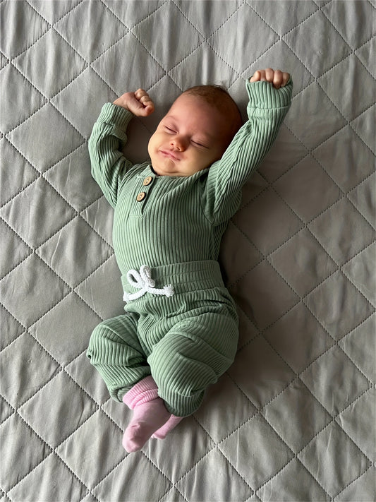 Long Sleeve Solid Color Ribbed Bodysuit And Pants Set
