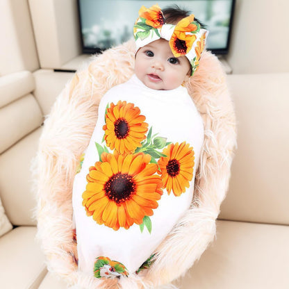 Newborn Receiving Blanket Headband Set Flower Print Baby Swaddle Blankets (Vintage)