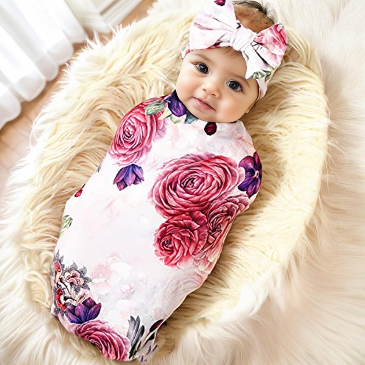 Newborn Receiving Blanket Headband Set Flower Print Baby Swaddle Blankets (Vintage)