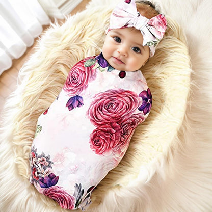 Newborn Receiving Blanket Headband Set Flower Print Baby Swaddle Blankets (Vintage)