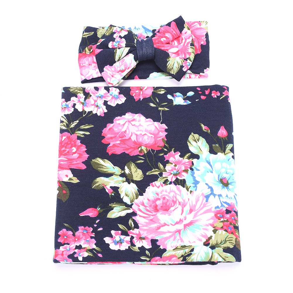 Newborn Receiving Blanket Headband Set Flower Print Baby Swaddle Blankets (Vintage)