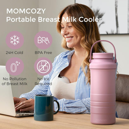 Momcozy 22oz Portable Breast Milk Cooler for Outdoor, Life Saver with 360° Total Cooling for 24 Hours, Larger Capacity Travel Breastmilk Chiller with 2pcs Baby Bottles for Breastmilk Storage, Green
