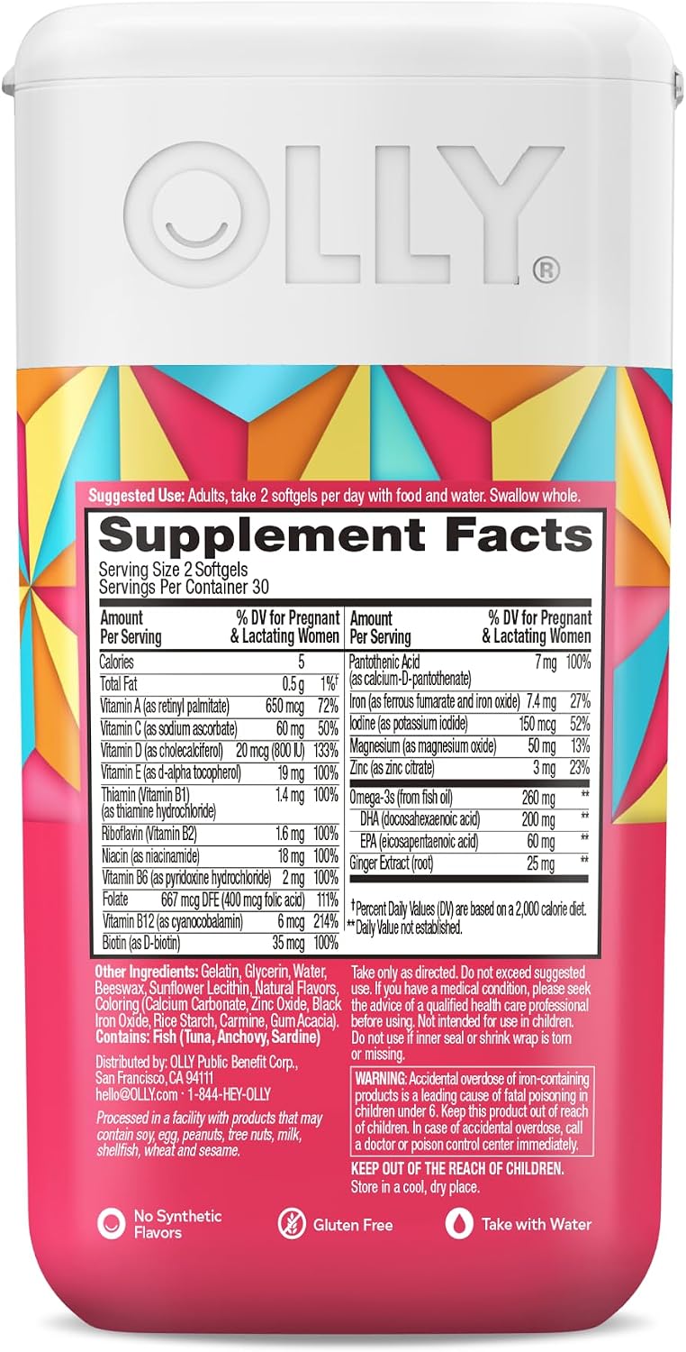 OLLY Ultra Strength Prenatal Multivitamin Softgels, Omega-3s - 60 Count