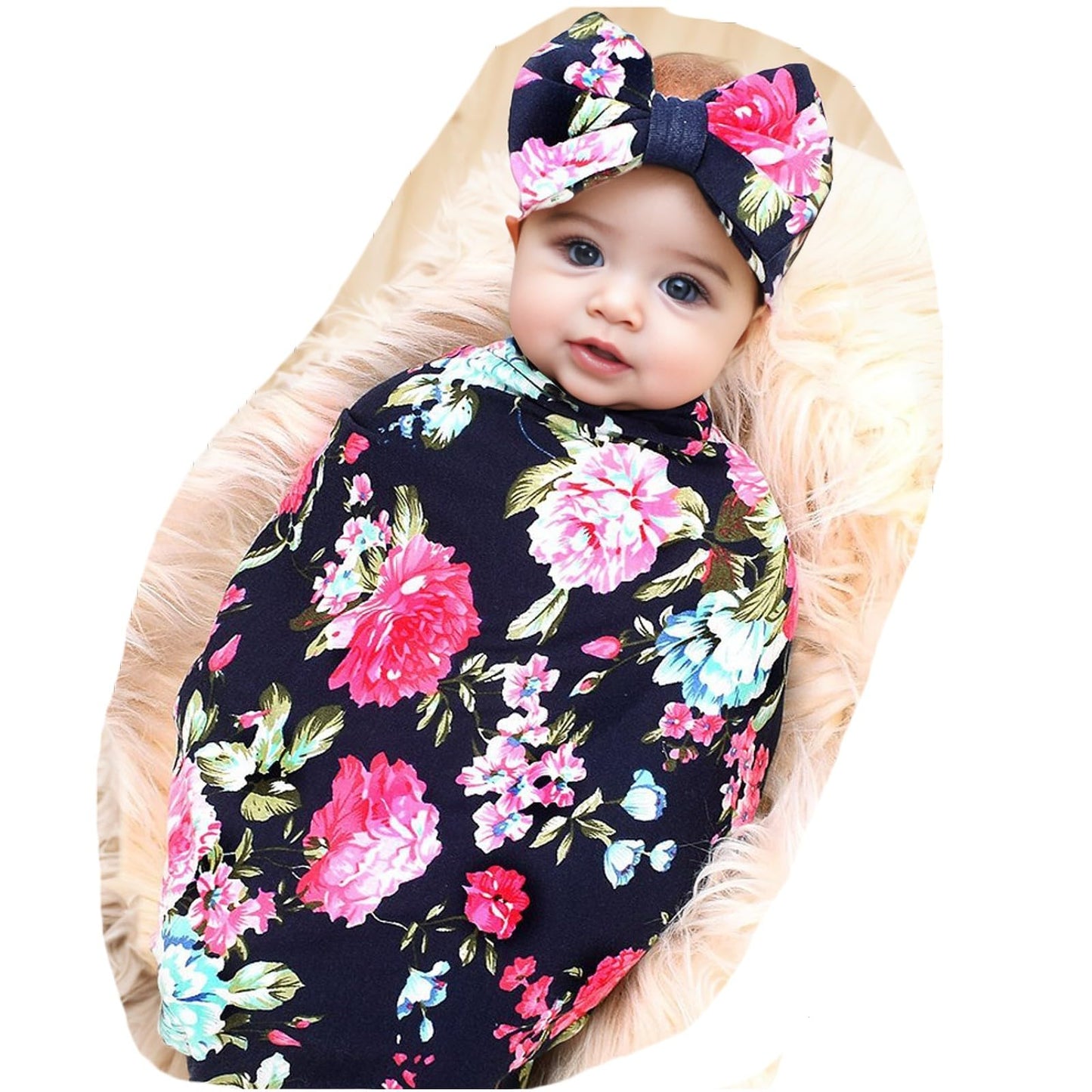 Newborn Receiving Blanket Headband Set Flower Print Baby Swaddle Blankets (Vintage)