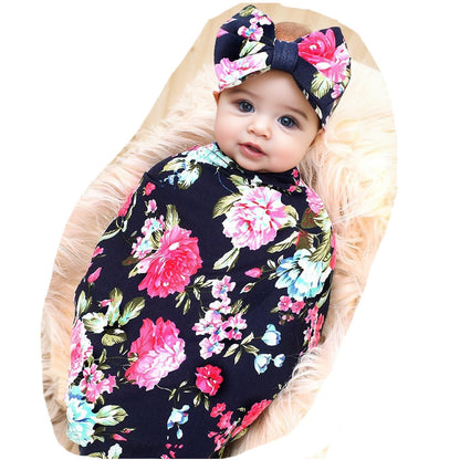 Newborn Receiving Blanket Headband Set Flower Print Baby Swaddle Blankets (Vintage)