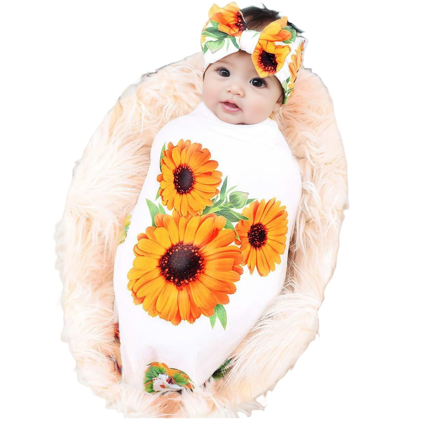 Newborn Receiving Blanket Headband Set Flower Print Baby Swaddle Blankets (Vintage)